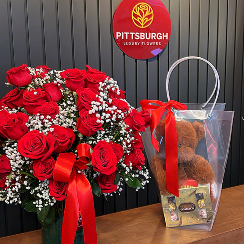 Combo . 4 dozen Roses with teddy bear and chocolate