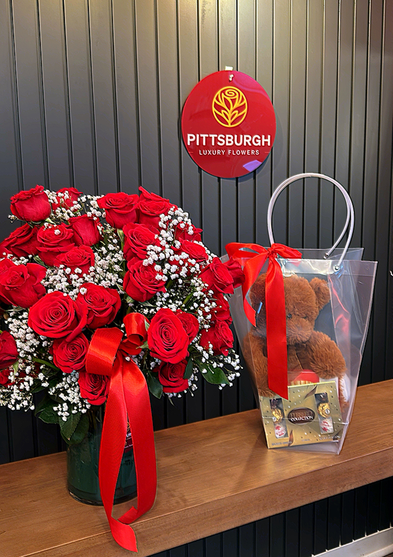 Combo . 4 dozen Roses with teddy bear and chocolate